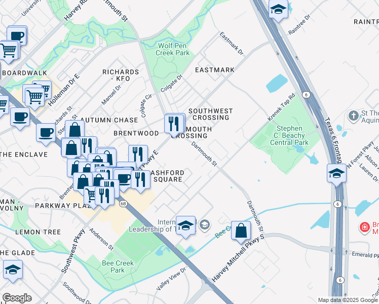 map of restaurants, bars, coffee shops, grocery stores, and more near 2526 Dartmouth Street in College Station