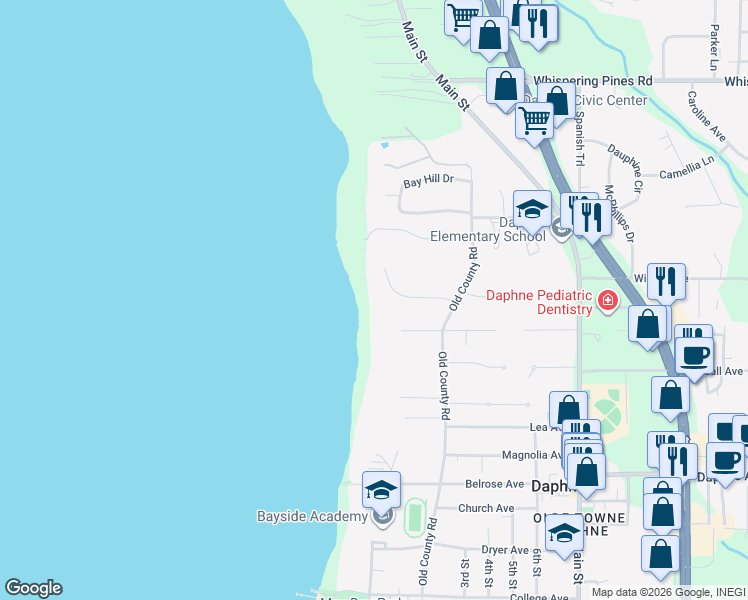map of restaurants, bars, coffee shops, grocery stores, and more near 315 Whiting Court in Daphne