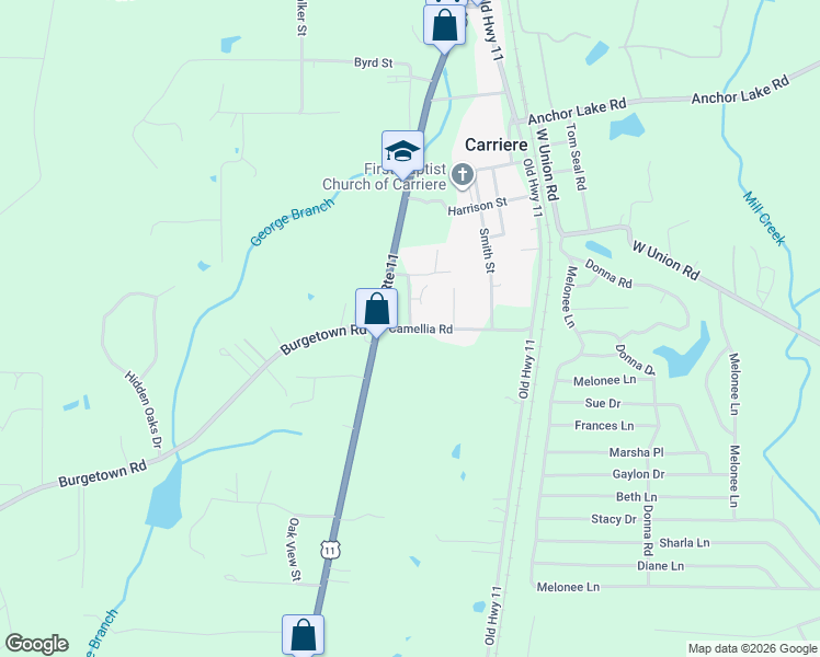 map of restaurants, bars, coffee shops, grocery stores, and more near 22 Camellia Road in Carriere