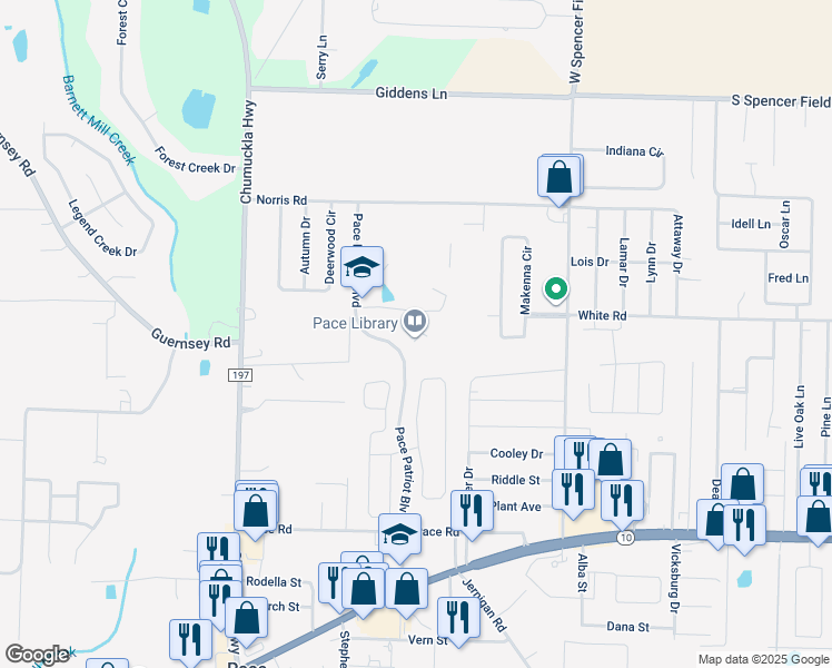 map of restaurants, bars, coffee shops, grocery stores, and more near 4750 Pace Patriot Boulevard in Pace