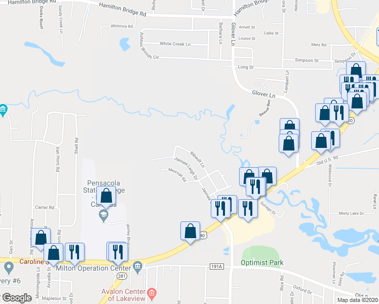 map of restaurants, bars, coffee shops, grocery stores, and more near 4831 Ribault Lane in Milton