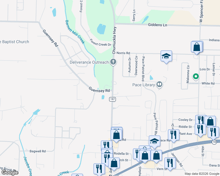 map of restaurants, bars, coffee shops, grocery stores, and more near 4775 Chumuckla Highway in Pace