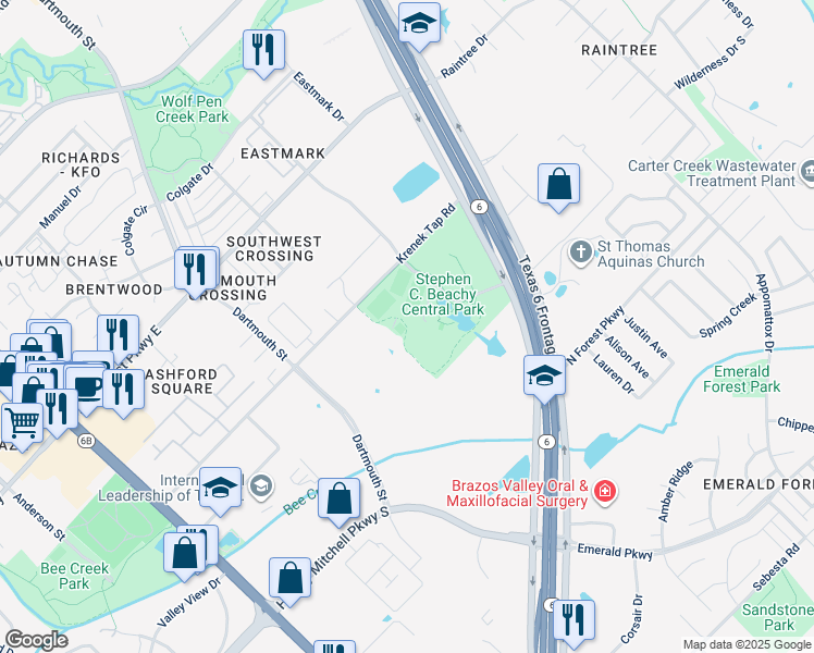 map of restaurants, bars, coffee shops, grocery stores, and more near Central Park Loop in College Station