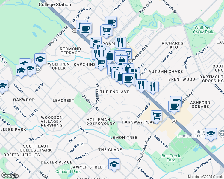 map of restaurants, bars, coffee shops, grocery stores, and more near 1800 Holleman Drive in College Station