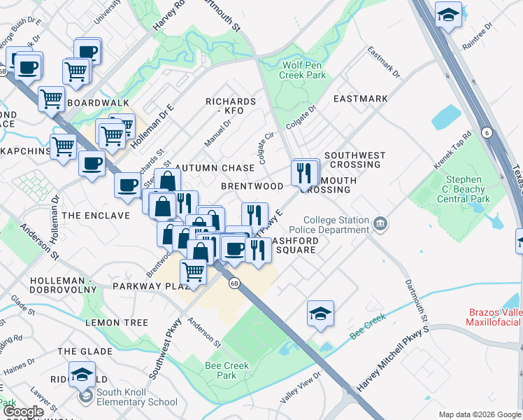 map of restaurants, bars, coffee shops, grocery stores, and more near 218 Yale Court in College Station