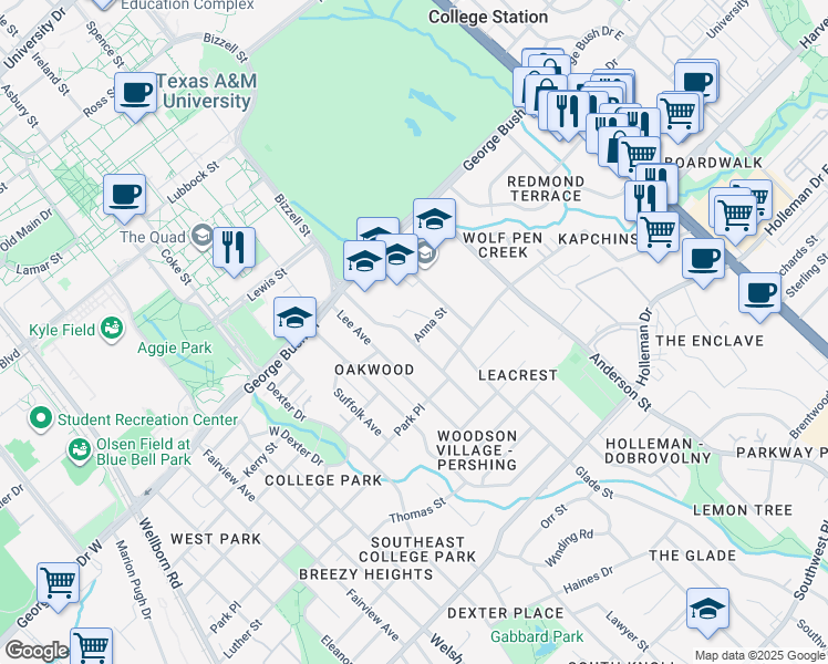 map of restaurants, bars, coffee shops, grocery stores, and more near 205 Timber Street in College Station