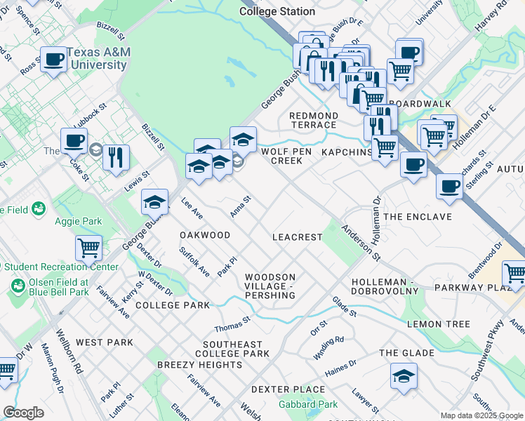 map of restaurants, bars, coffee shops, grocery stores, and more near 310 Holik Street in College Station
