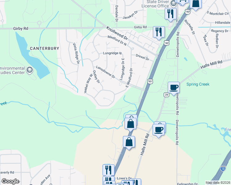 map of restaurants, bars, coffee shops, grocery stores, and more near 3924 Medford Drive East in Mobile