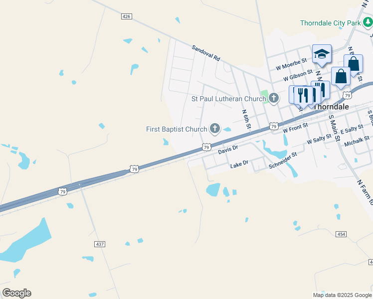 map of restaurants, bars, coffee shops, grocery stores, and more near 904 U.S. 79 in Thorndale
