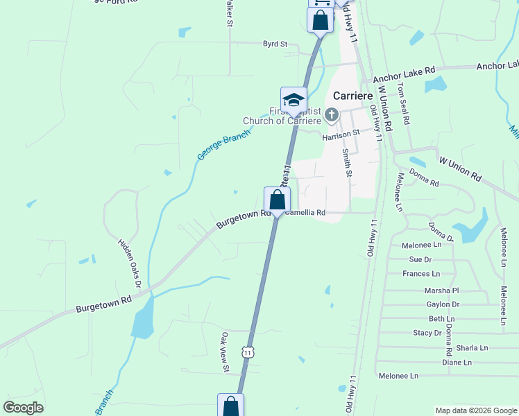 map of restaurants, bars, coffee shops, grocery stores, and more near 8-68 Burgetown Road in Carriere