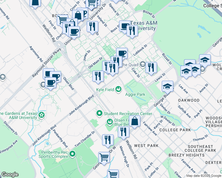 map of restaurants, bars, coffee shops, grocery stores, and more near in College Station