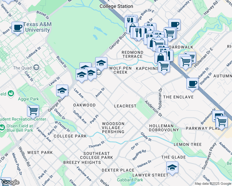map of restaurants, bars, coffee shops, grocery stores, and more near 1402 Park Place in College Station