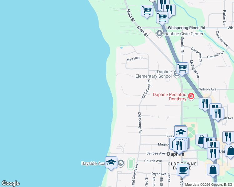 map of restaurants, bars, coffee shops, grocery stores, and more near 315 Whiting Court in Daphne