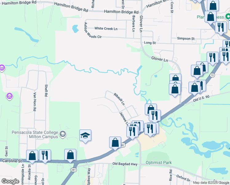 map of restaurants, bars, coffee shops, grocery stores, and more near 4834 Ribault Lane in Milton