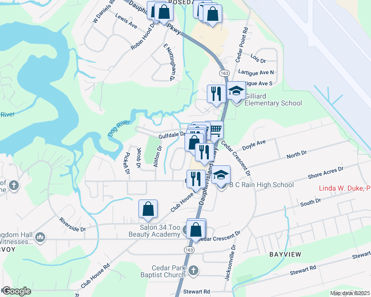 map of restaurants, bars, coffee shops, grocery stores, and more near 1704 Curry Drive North in Mobile