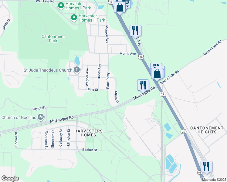 map of restaurants, bars, coffee shops, grocery stores, and more near 118 Mintz Lane in Escambia County