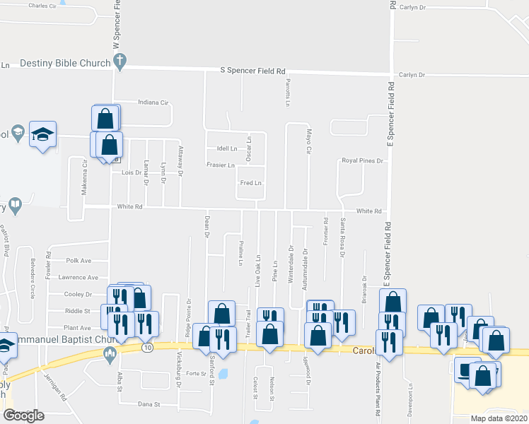 map of restaurants, bars, coffee shops, grocery stores, and more near 4413 White Road in Pace