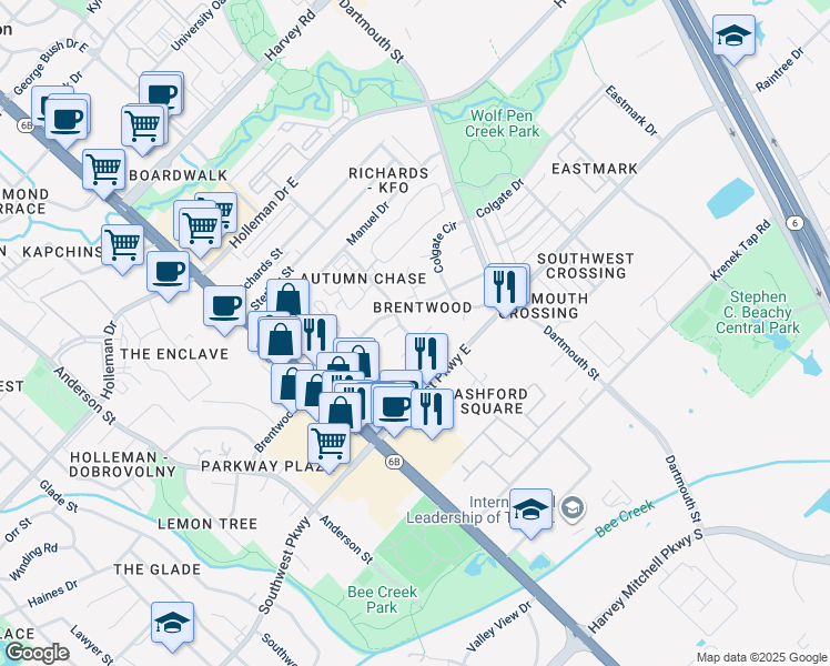 map of restaurants, bars, coffee shops, grocery stores, and more near 218 Yale Court in College Station