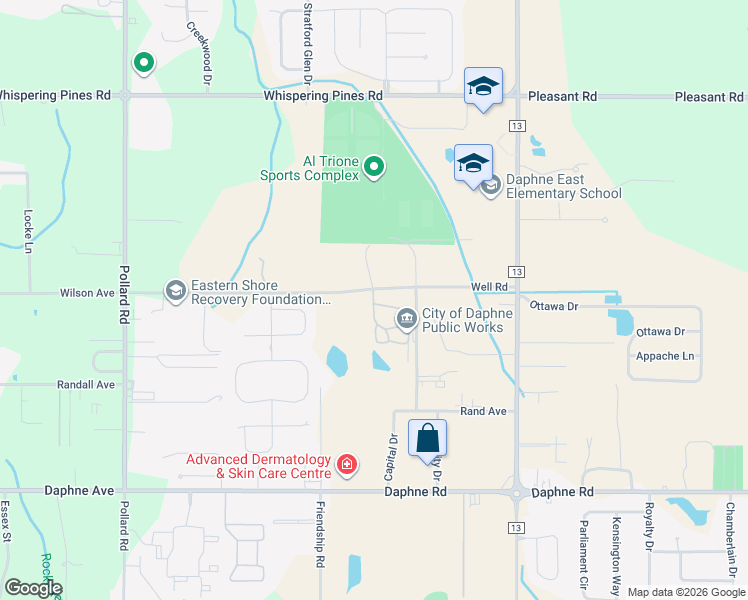 map of restaurants, bars, coffee shops, grocery stores, and more near 8198 Well Rd in Daphne