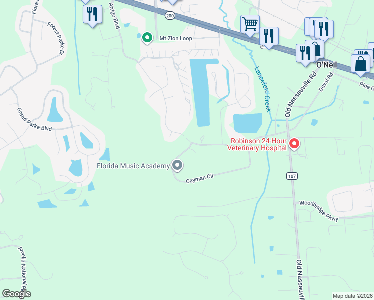 map of restaurants, bars, coffee shops, grocery stores, and more near Cayman Circle in Fernandina Beach