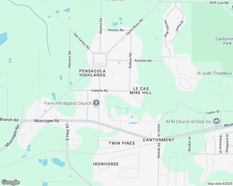 map of restaurants, bars, coffee shops, grocery stores, and more near 1039 Isabella Road in Cantonment