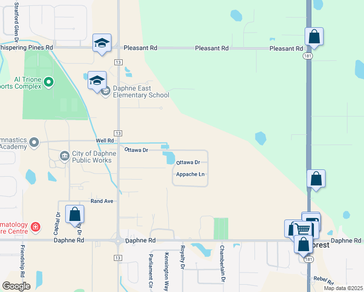 map of restaurants, bars, coffee shops, grocery stores, and more near 9223 Ottawa Drive in Daphne