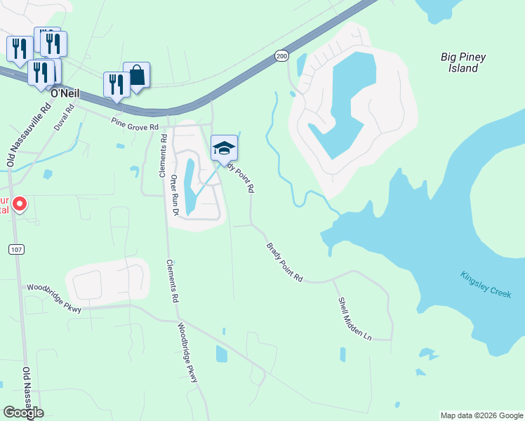 map of restaurants, bars, coffee shops, grocery stores, and more near 96178 Brady Point Road in Fernandina Beach