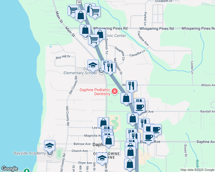 map of restaurants, bars, coffee shops, grocery stores, and more near 501 Sherwood Ln in Daphne