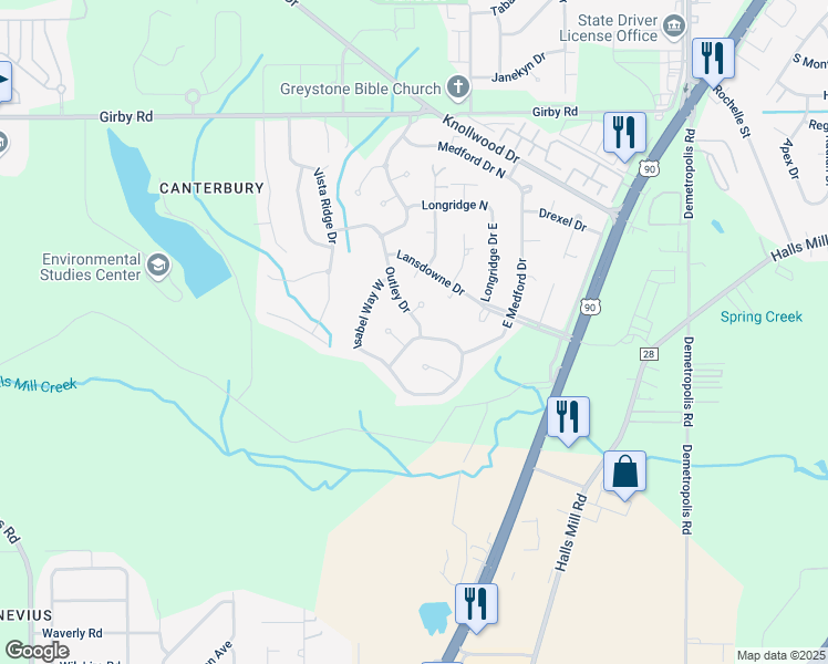 map of restaurants, bars, coffee shops, grocery stores, and more near 4067-4099 Isabel Way East in Mobile