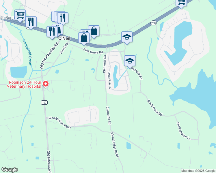map of restaurants, bars, coffee shops, grocery stores, and more near 96291 Otter Run Drive in Fernandina Beach