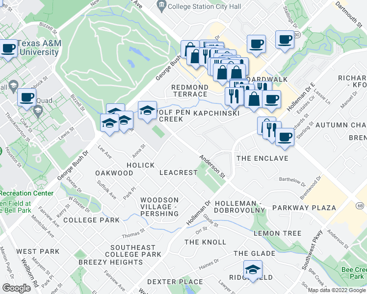 map of restaurants, bars, coffee shops, grocery stores, and more near 510 Aurora Court in College Station