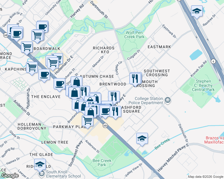 map of restaurants, bars, coffee shops, grocery stores, and more near 218 Yale Court in College Station