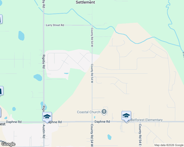 map of restaurants, bars, coffee shops, grocery stores, and more near 26509 County Road 54 West in Daphne