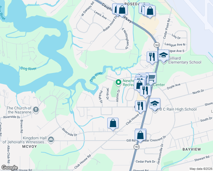 map of restaurants, bars, coffee shops, grocery stores, and more near 3005 Pickell Drive in Mobile