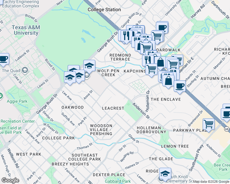 map of restaurants, bars, coffee shops, grocery stores, and more near 510 Aurora Court in College Station