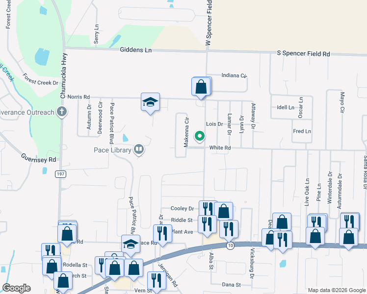map of restaurants, bars, coffee shops, grocery stores, and more near 5021 Makenna Circle in Pace