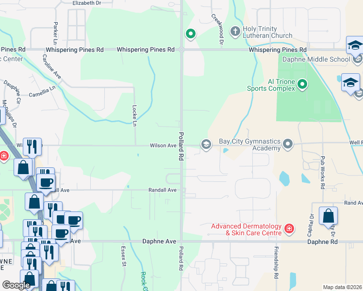 map of restaurants, bars, coffee shops, grocery stores, and more near Pollard Road in Daphne