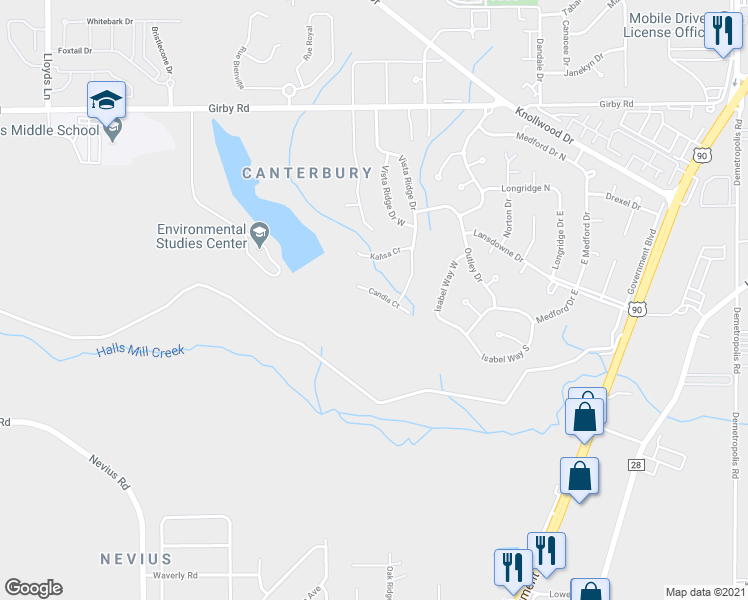 map of restaurants, bars, coffee shops, grocery stores, and more near 5617 Candia Court in Mobile