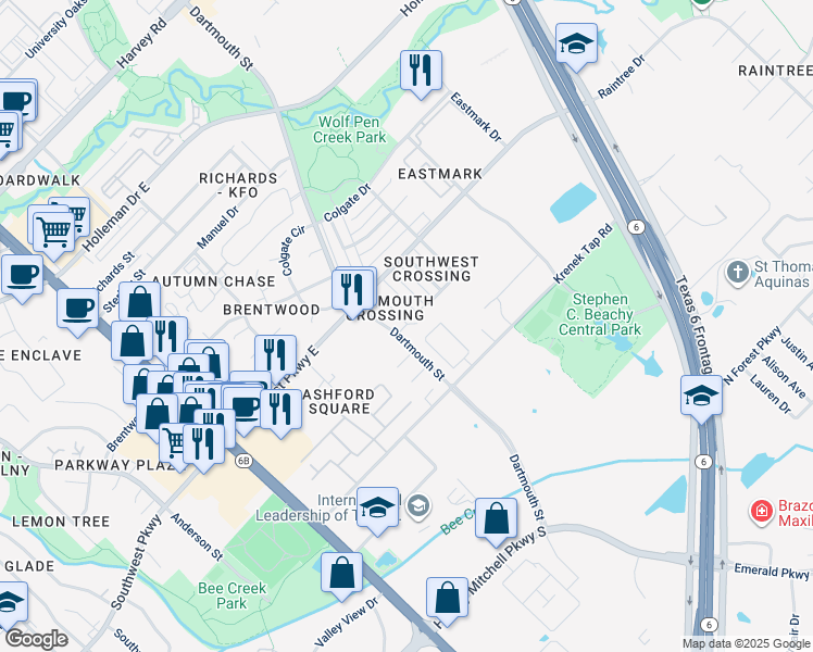 map of restaurants, bars, coffee shops, grocery stores, and more near 819 Krenek Tap Road in College Station
