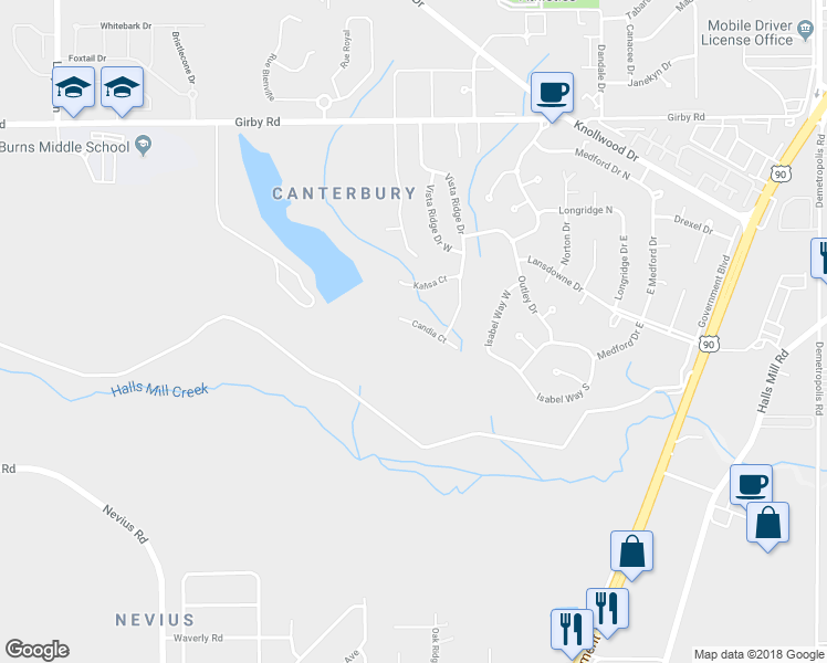 map of restaurants, bars, coffee shops, grocery stores, and more near 5621 Candia Court in Mobile