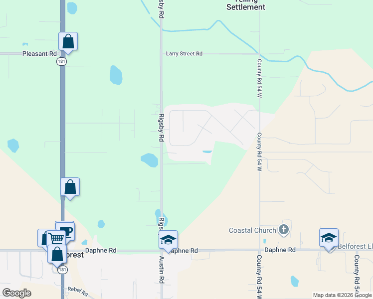 map of restaurants, bars, coffee shops, grocery stores, and more near 26470 Augustine Drive in Daphne