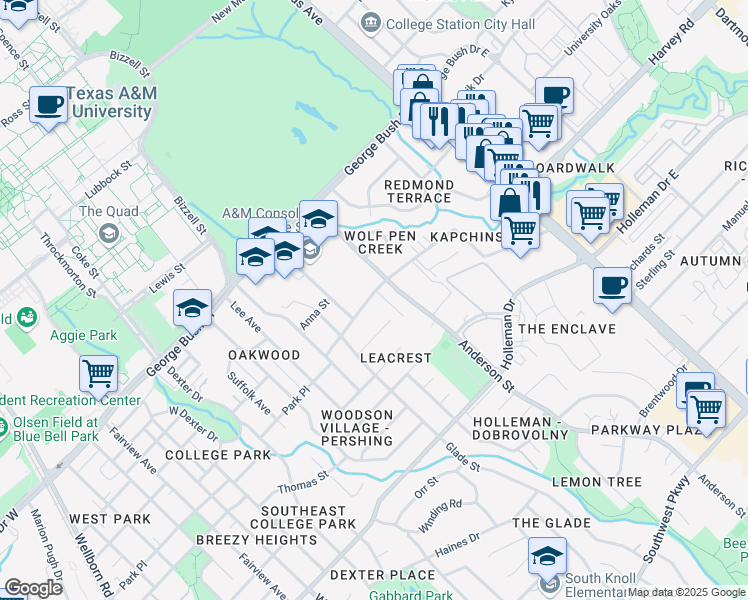 map of restaurants, bars, coffee shops, grocery stores, and more near 401 Aurora Court in College Station