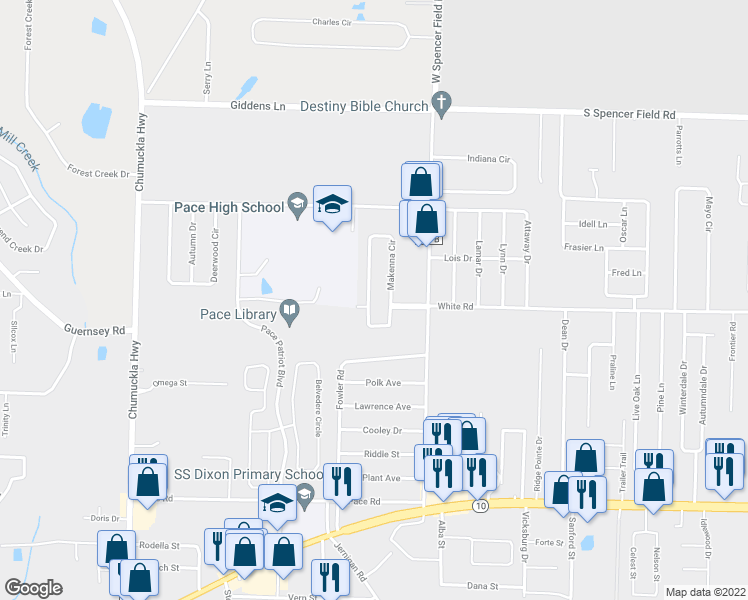 map of restaurants, bars, coffee shops, grocery stores, and more near 4951 Makenna Circle in Pace