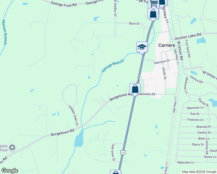 map of restaurants, bars, coffee shops, grocery stores, and more near Whitehead Lane in Carriere
