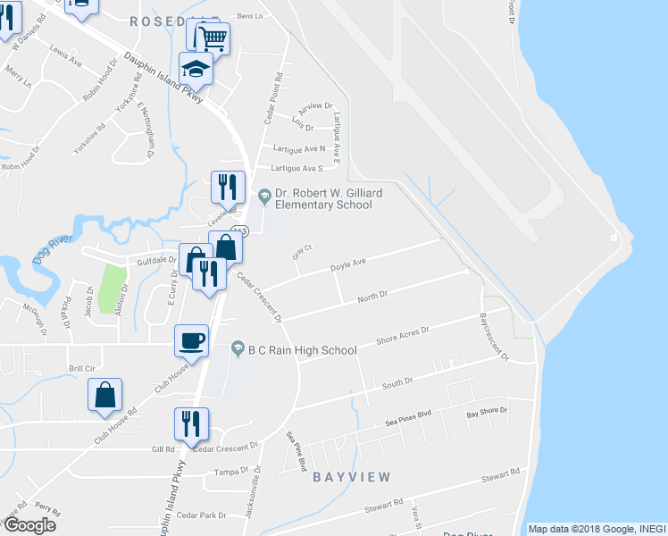 map of restaurants, bars, coffee shops, grocery stores, and more near 1299 Doyle Avenue in Mobile