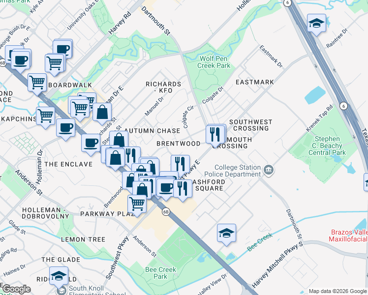 map of restaurants, bars, coffee shops, grocery stores, and more near 2314 Auburn Court in College Station