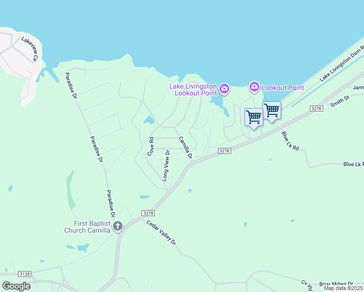 map of restaurants, bars, coffee shops, grocery stores, and more near 130 Camilla Drive in Coldspring