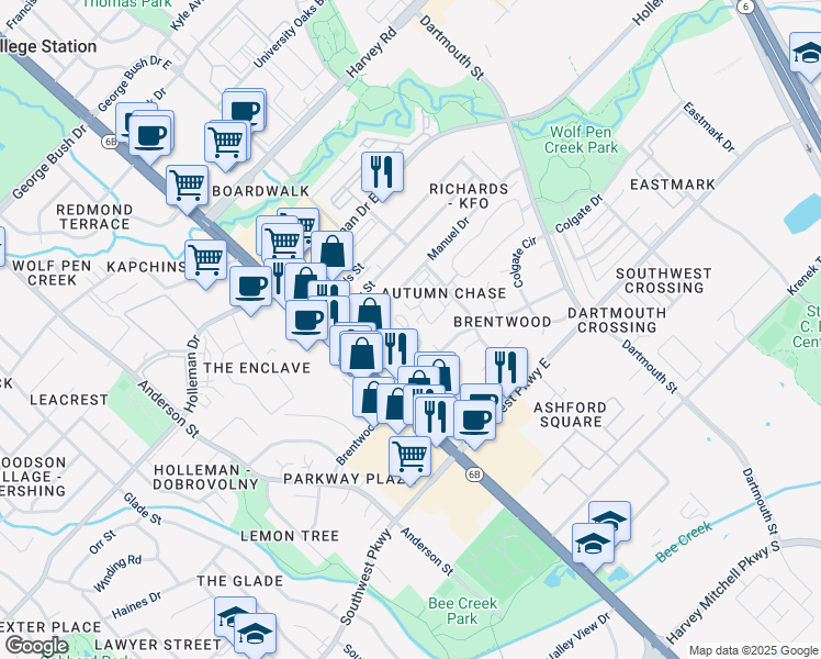 map of restaurants, bars, coffee shops, grocery stores, and more near 2328A Autumn Chase Loop in College Station