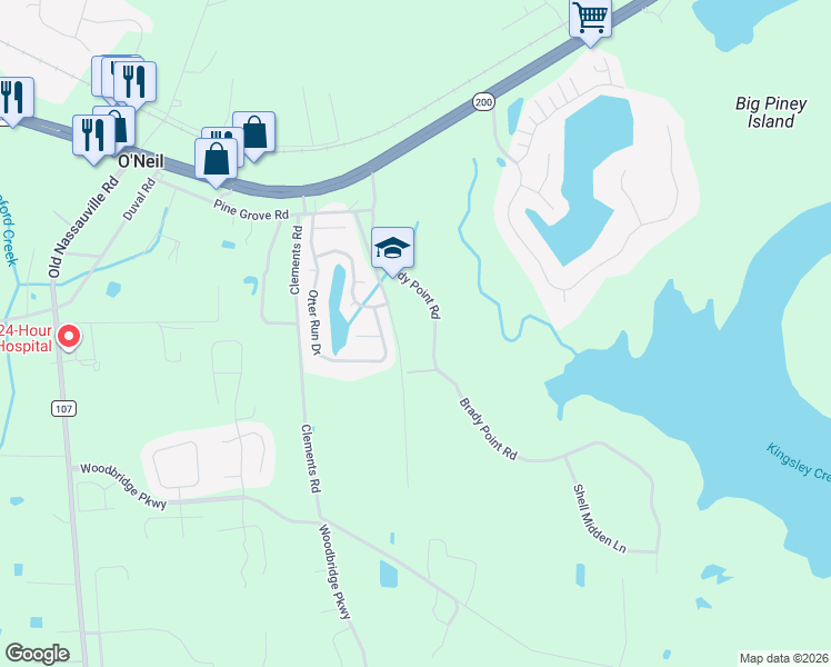 map of restaurants, bars, coffee shops, grocery stores, and more near 96203 Brady Point Road in Fernandina Beach