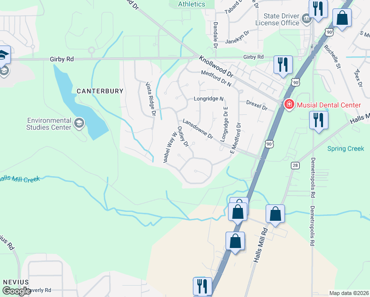 map of restaurants, bars, coffee shops, grocery stores, and more near 3812 Outley Drive in Mobile